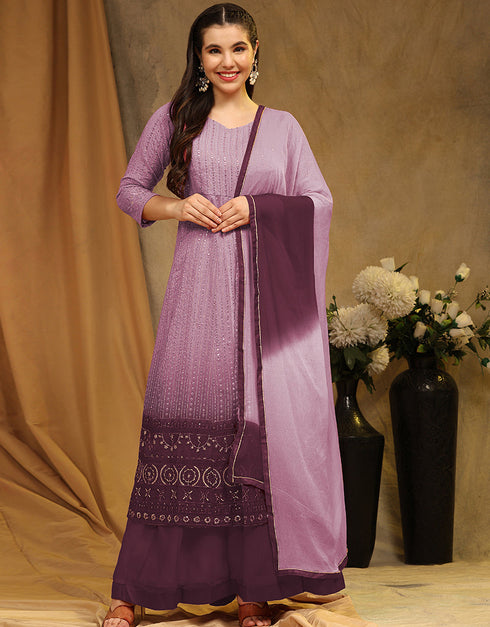 Traditional Function Wear Faux Georgette Suit Collection Purple Faux Georgette Sharara Straight Front View